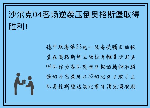 沙尔克04客场逆袭压倒奥格斯堡取得胜利！